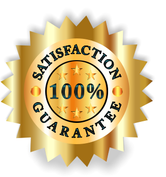 Gold star-shaped seal with ribbon edges and the text '100% SATISFACTION GUARANTEE' in the center surrounded by small gold stars and dots.