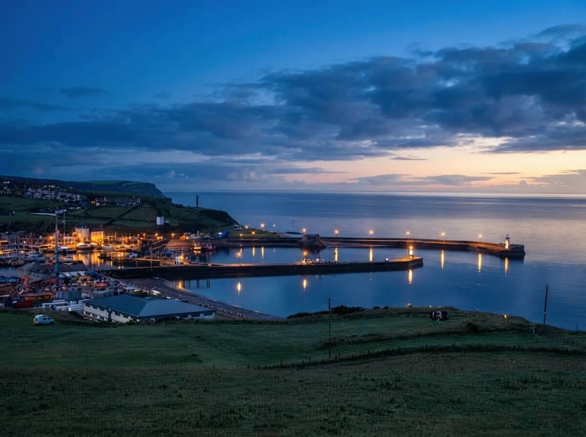 WHITEHAVEN: Georgian harbour grid, tall ships in the marina, mirrored waterfront