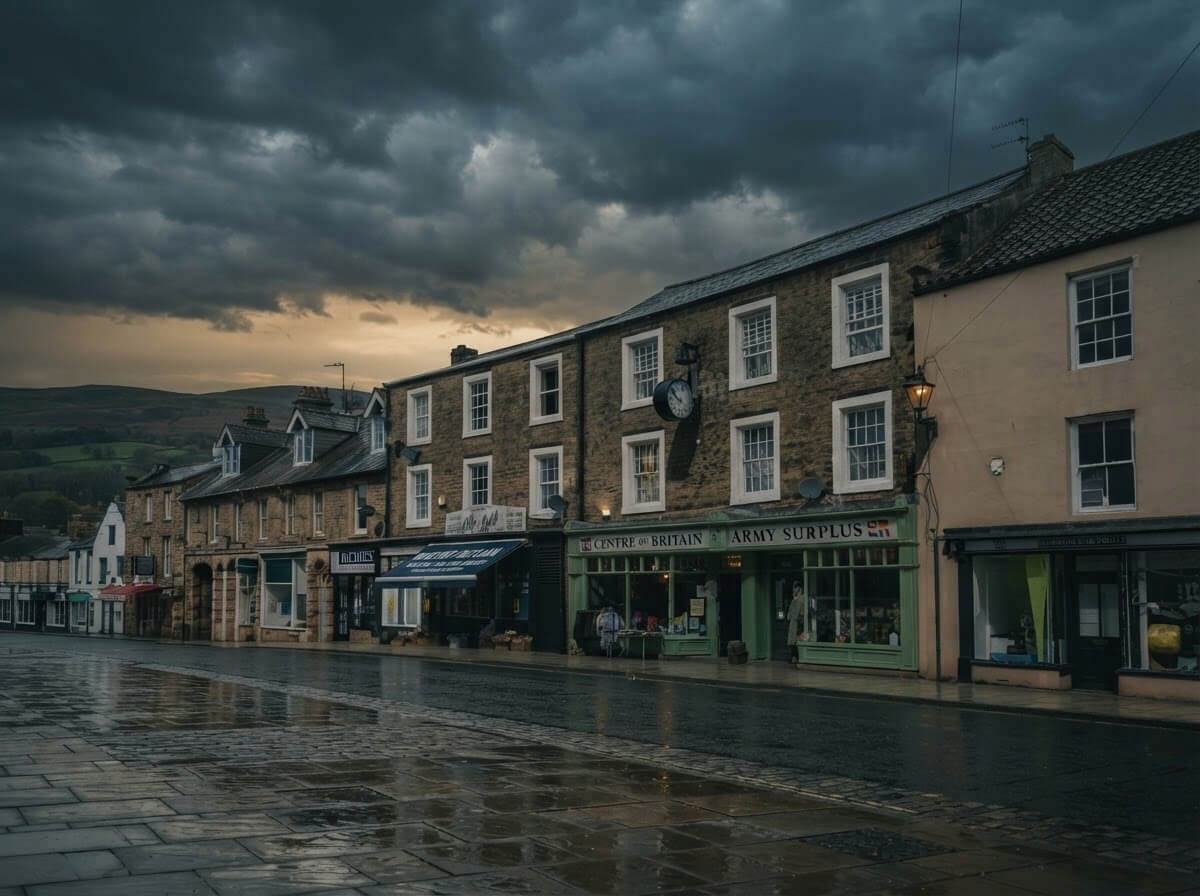 Stone town under storm clouds,HALTWHISTLE: Hadrian's Wall country beyond
