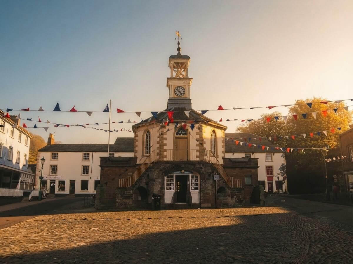 BRAMPTON: St Martin's octagonal tower over old stone rooftops, autumn light