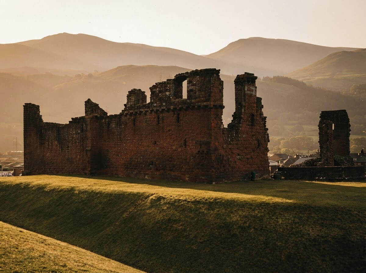 Penrith Castle's ruined tower, Beacon and Lakeland fells beyond the rooftops