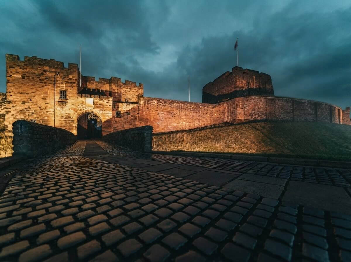 Carlisle ;Red sandstone castle & keep above wet cobbles, cathedral tower in silhouette